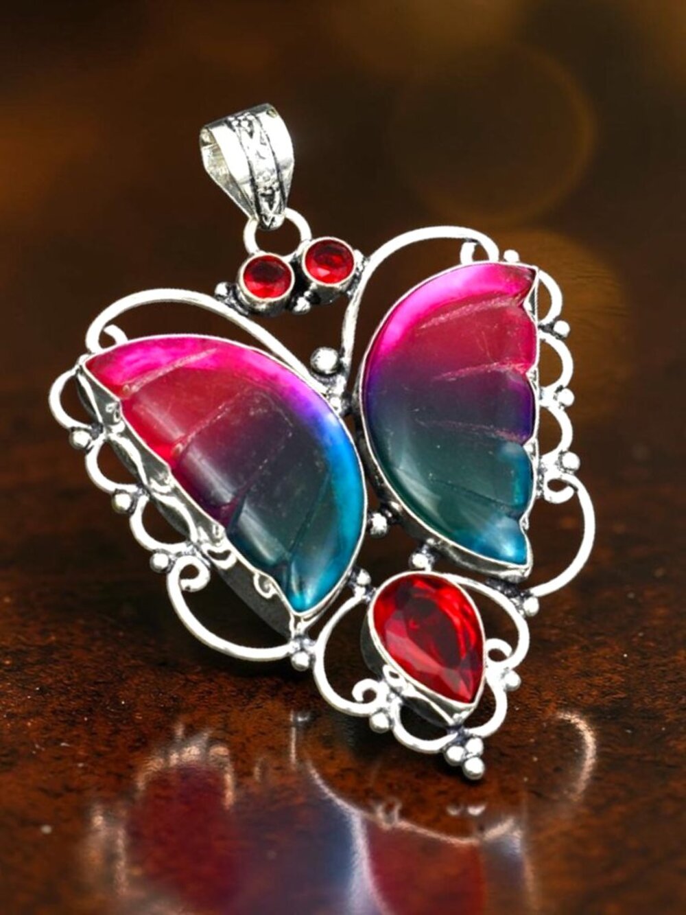 Carved Bi Color Tourmaline Garnet Butterfly Pendant 2.88"